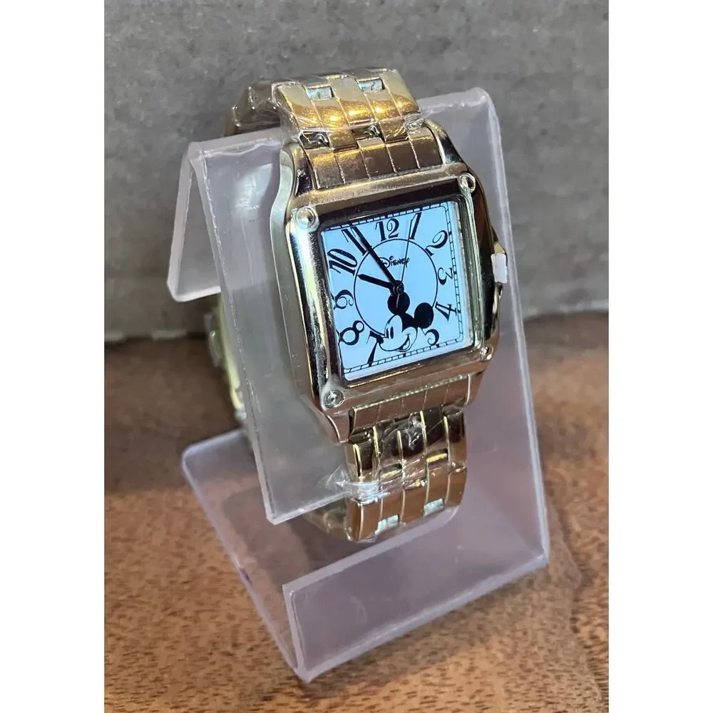 Mickey Mouse Watch Gold Tone,‎ New with Box, New Battery, Square, Bracelet